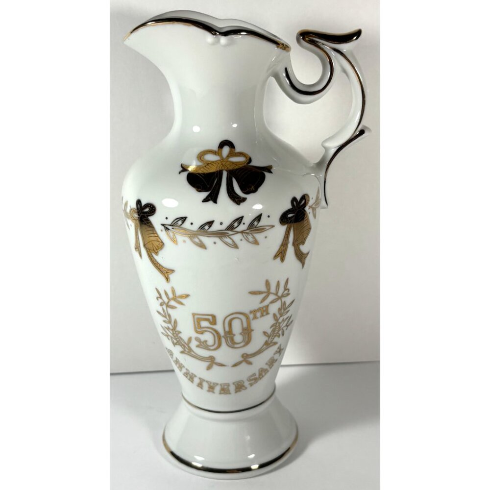 Vintage Hand Painted Lefton China 50th Anniversary White & Gold Pitcher 228 2